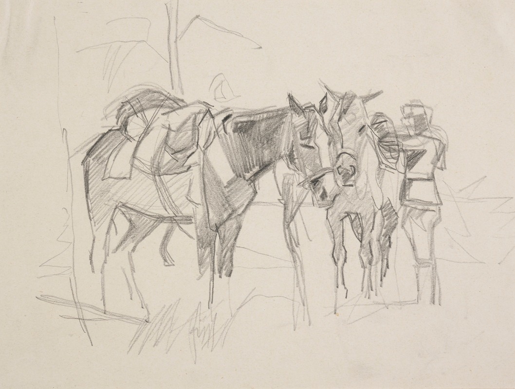 Ivan Ivanec - Żołnierz przy osiodłanych koniach