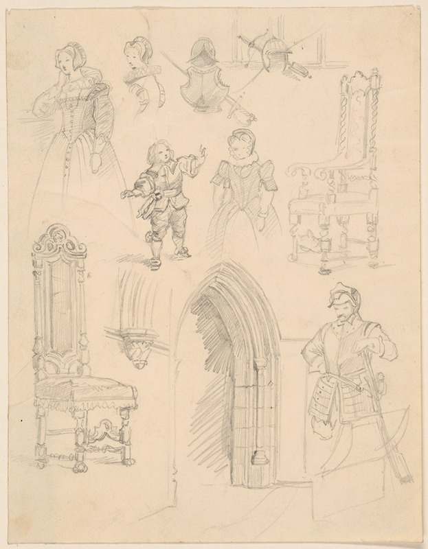 Józef Simmler - Sketches of Baroque costumes and furniture and Gothic architectural details