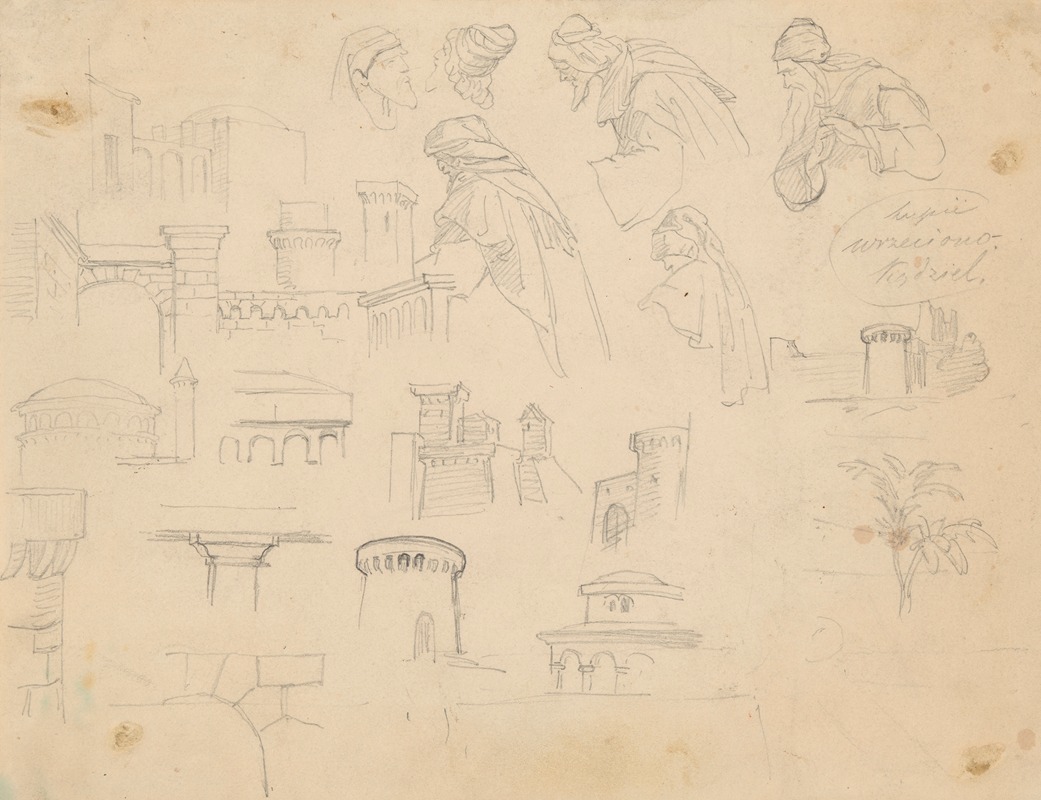 Józef Simmler - Sketches of medieval defensive structures and male figures with turbans