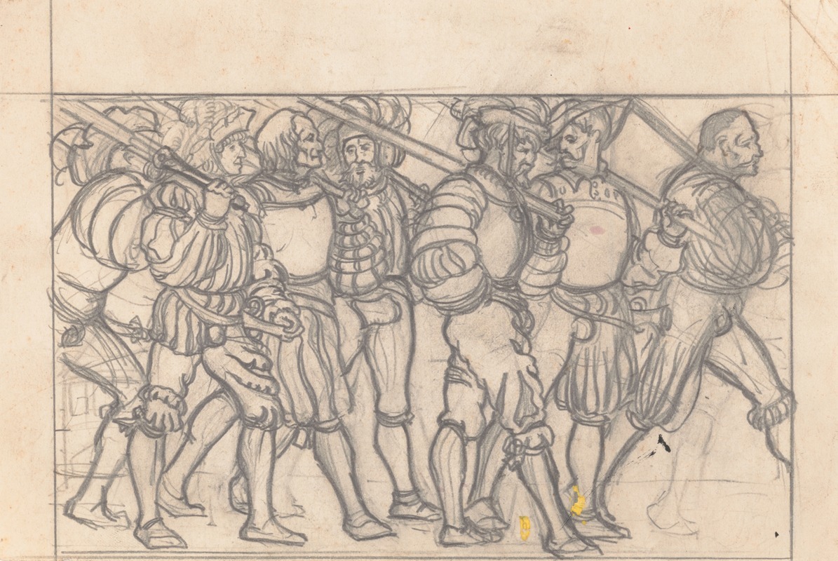 Winold Reiss - Graphic designs for Scribner’s Magazine cover, Medieval Festival theme. Drawing of men with medieval clothing and items, walking to the right