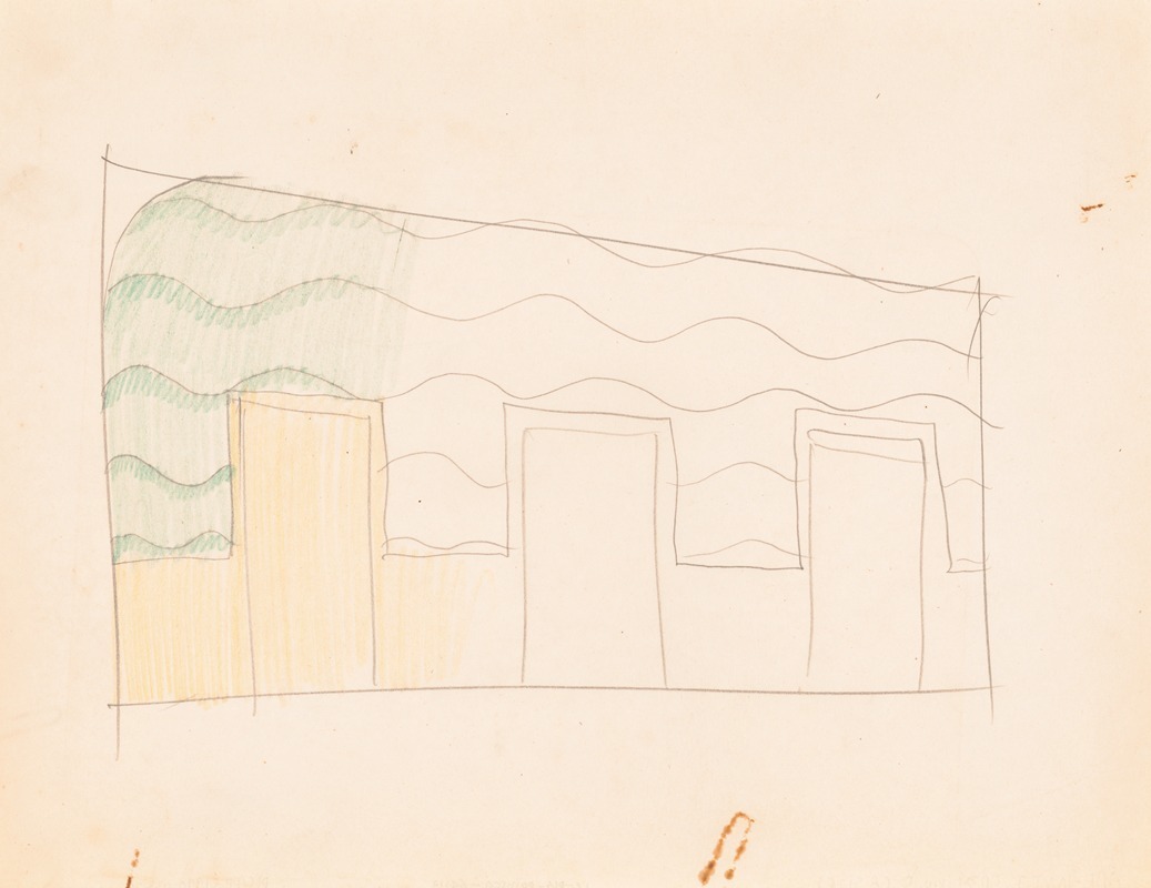 Winold Reiss - Interior design drawings for unidentified rooms. Sketch for unidentified interior partially colored green and yellow
