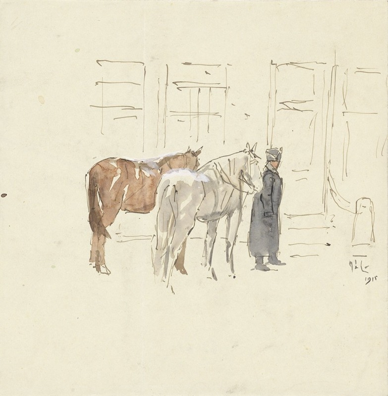 Adolf le Comte - Man met twee paarden voor een gebouw