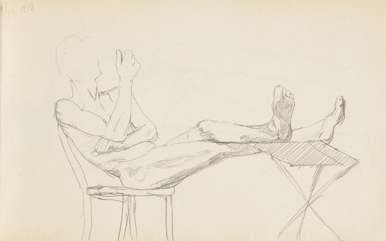 Adolf Sternschuss - Akt siedzącego mężczyzny trzymającego nogi na krzesełku typu trójnóg