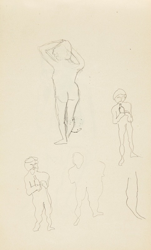 Adolf Sternschuss - akt stojącej tyłem kobiety i dwa akty mężczyzn z butelką, luźne szkice