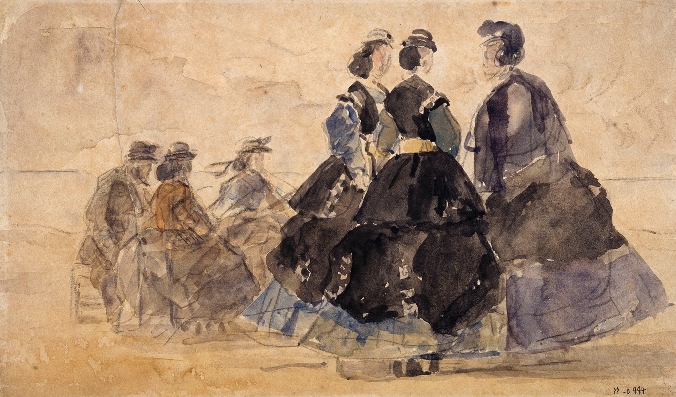 Eugène Boudin - Femme assise et divers personnages au bord de la mer