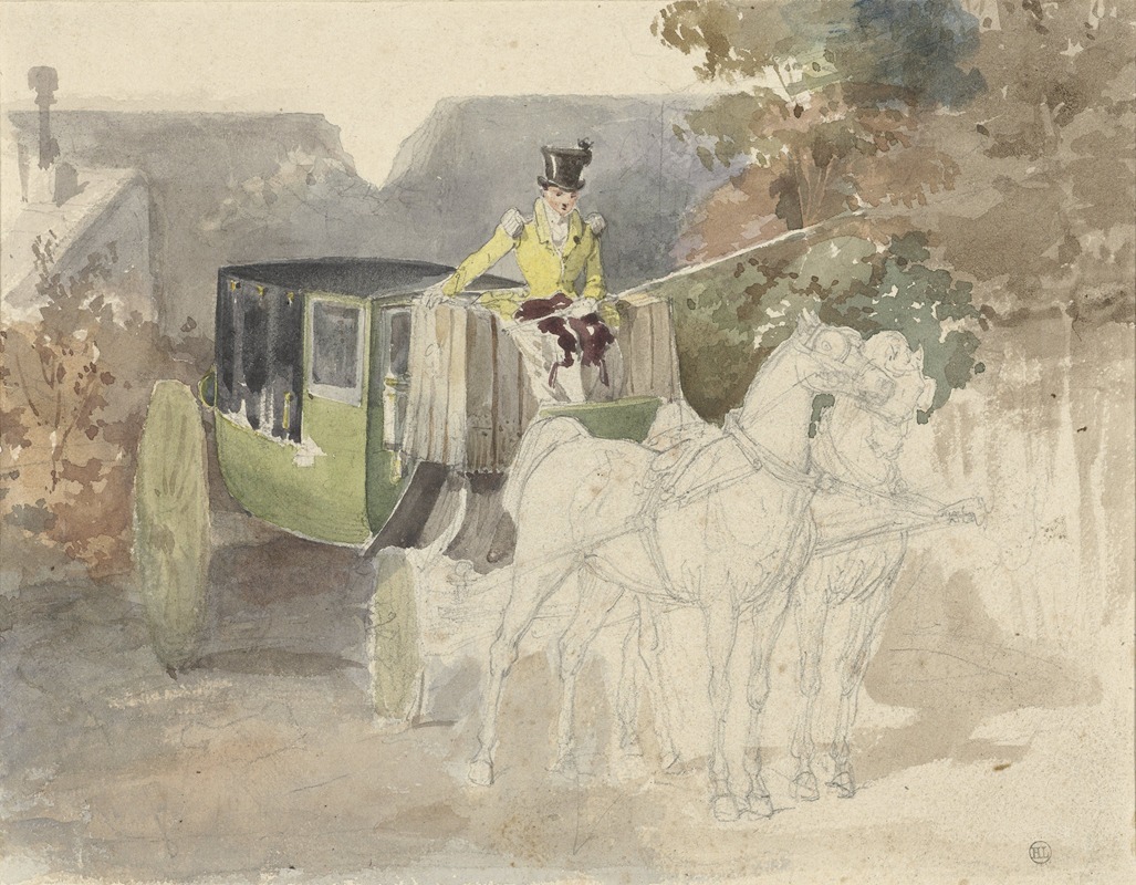 Eugène Lami - Coupétje met twee paarden, in bosrijke omgeving