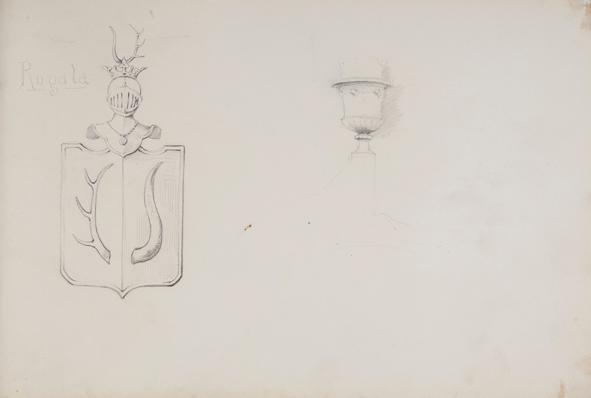 Ferdynand Bryll - dwa szkice’ herb Rogala i waza na postumencie