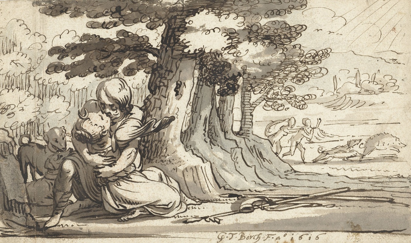 Gerard ter Borch - Venus en Adonis in een omhelzing verwikkeld