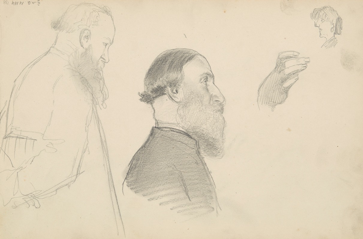 Henryk Siemiradzki - luźne szkice, m.in. brodatego mężczyzny ujętego w prawym profilu, popiersie brodatego mężczyzny w prawym profilu, głowa kobiety w lewym profilu