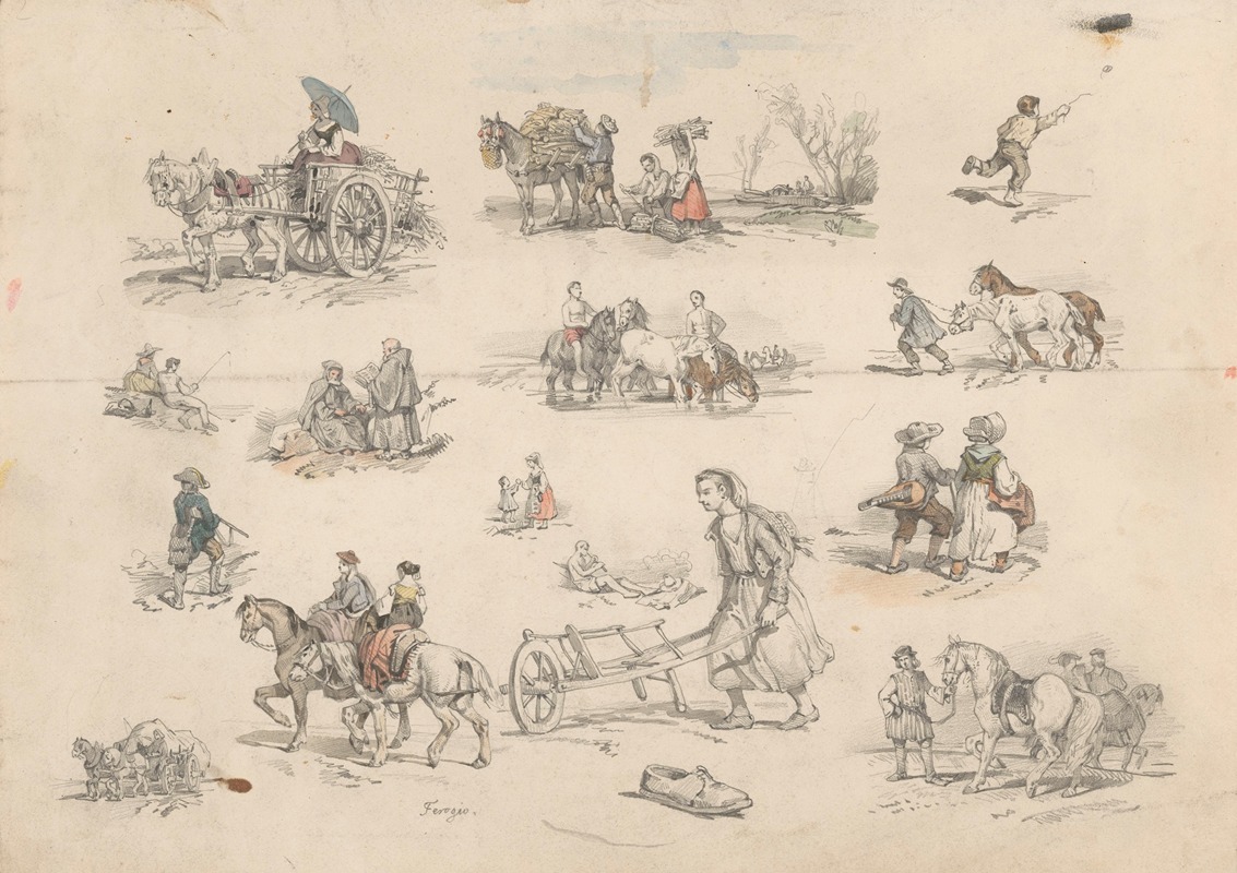 Jan Weissenbruch - Figuurstudies met paarden en wagens