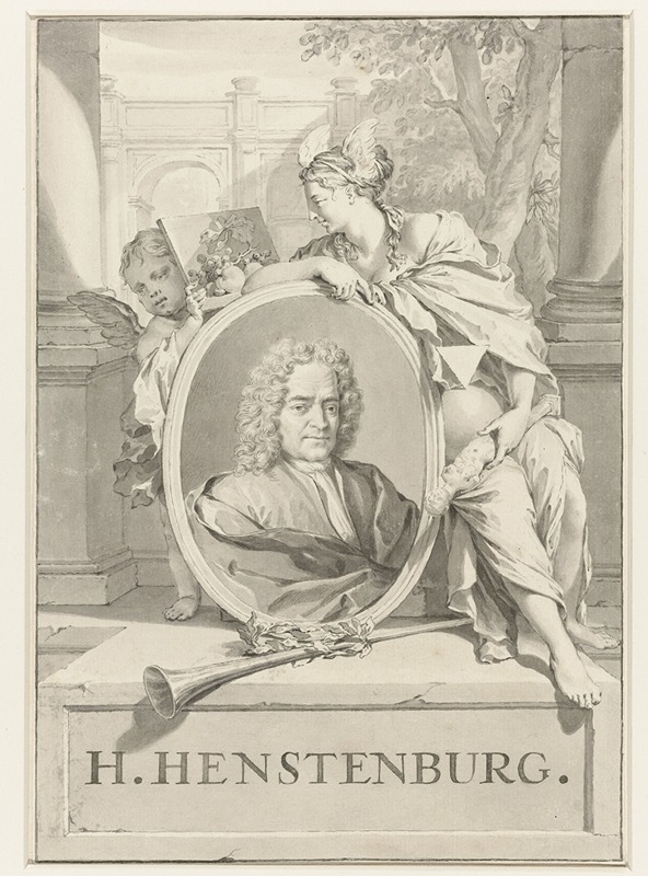 Nicolaas Verkolje - Portret van Herman Henstenburgh in ovaal vastgehouden door vrouwenfiguur en putto