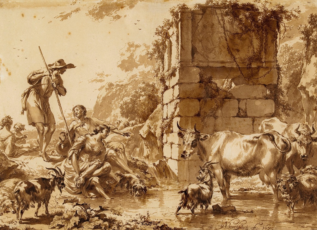 Nicolaes Pietersz. Berchem - Bétail à l’abreuvoir, avec un berger et quatre bergères (Lugt 5)
