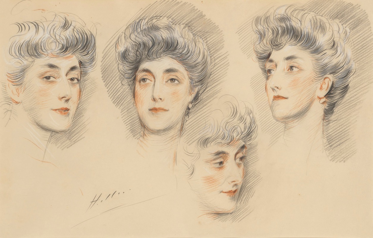Paul César Helleu - Four head studies of a lady, traditionally identified as Mrs Gertrude Vanderbilt Whitney
