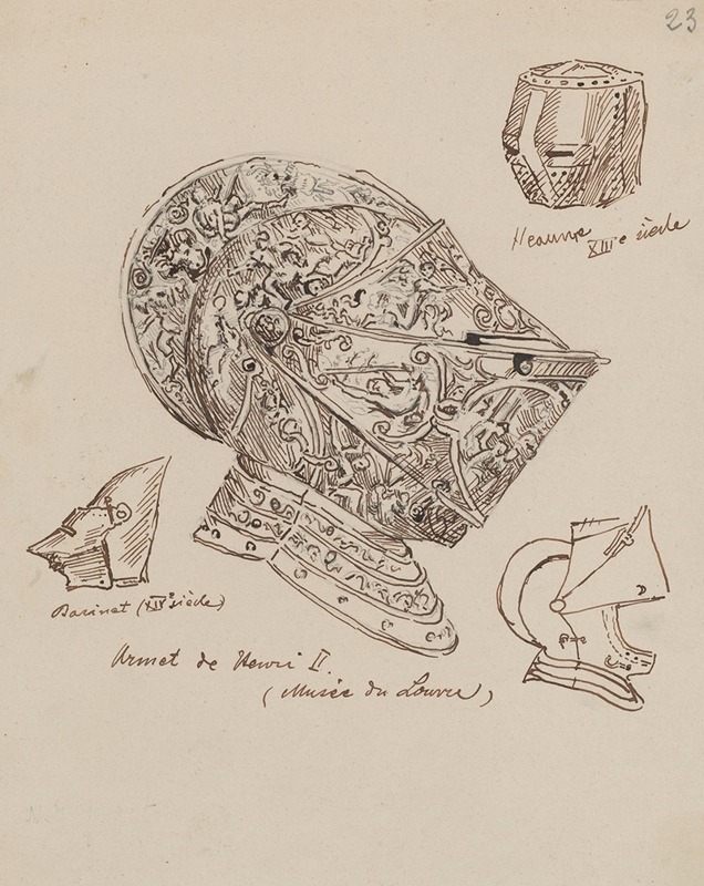 Stanisław Wyspiański - Drawings of Helmets from the 13th and 14th Centuries and the Helmet of King Henry II (from ca. 1560) from the Louvre Collection