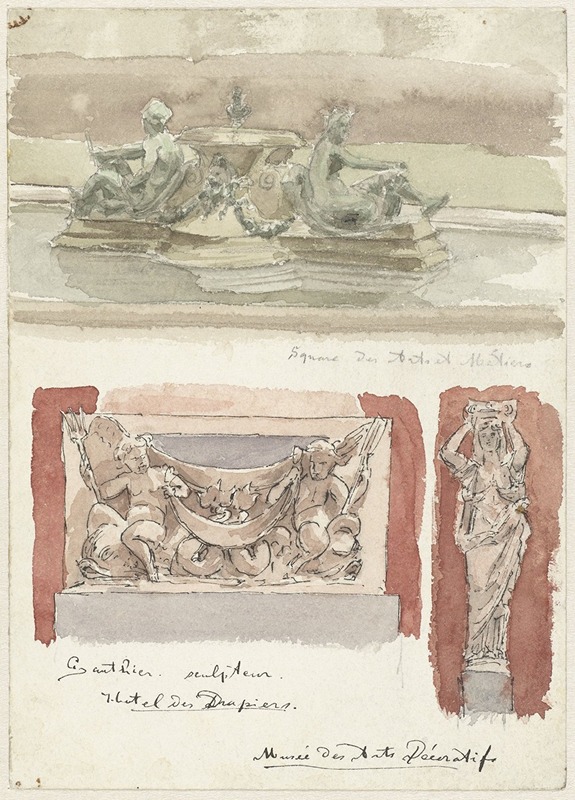 Wilhelm Cornelis Bauer - Drie schetsen van sculpturen in het Musée des Arts-Decoratifs te Parijs