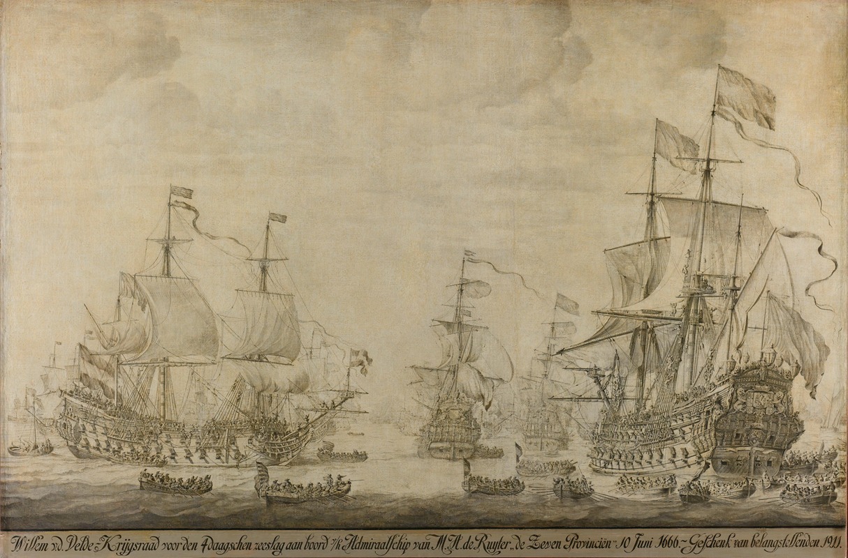 Willem van de Velde the Elder - Council of War aboard ‘The Seven Provinces’, the Flagship of Michiel Adriaensz de Ruyter, 10 June 1666