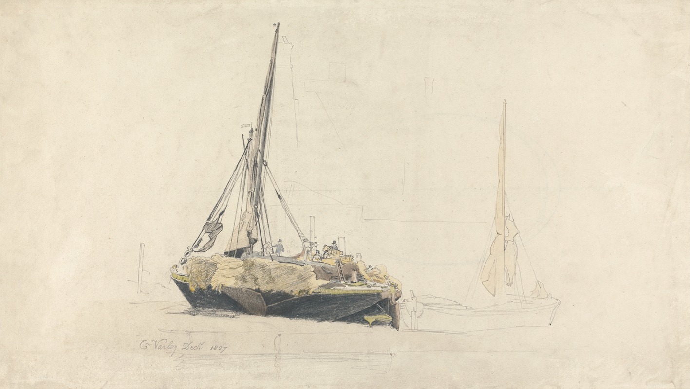 Cornelius Varley - A Sailing Barge being loaded with Hay