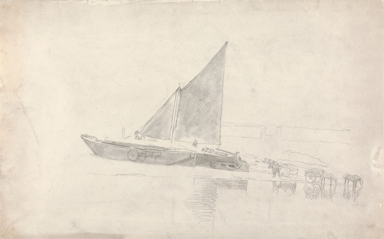Cornelius Varley - Study of Boats with Horses and Carts