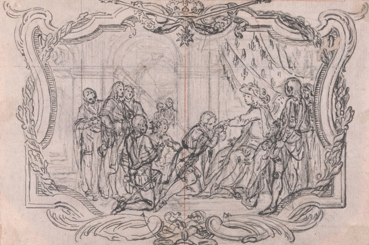 Hubert-François Gravelot - Design for a Vignette; The King of France Surrounded by Courtiers