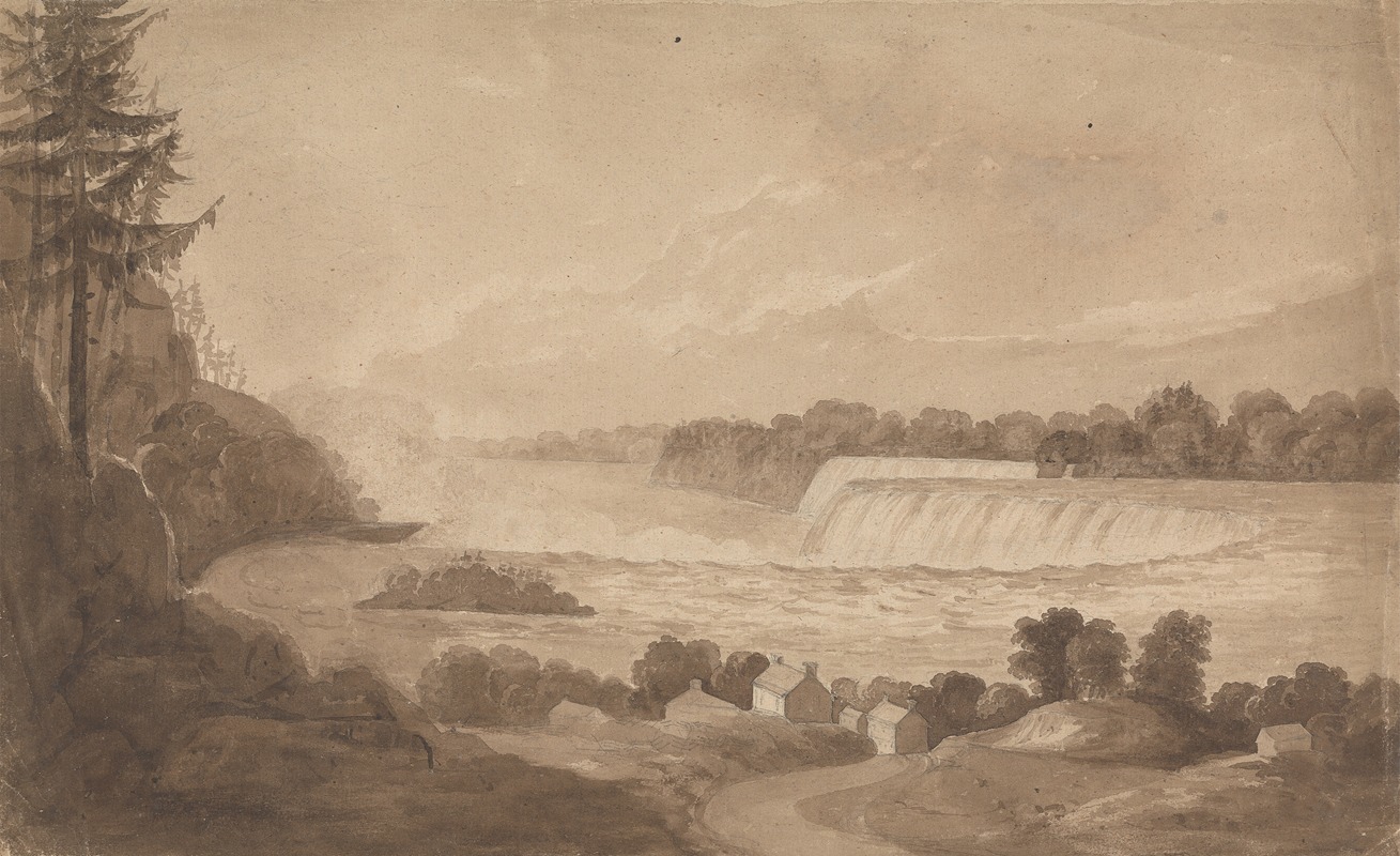Isaac Weld - View of Niagara Falls with the Falls in the Background, Right, and Landscape with Houses in the Foreground