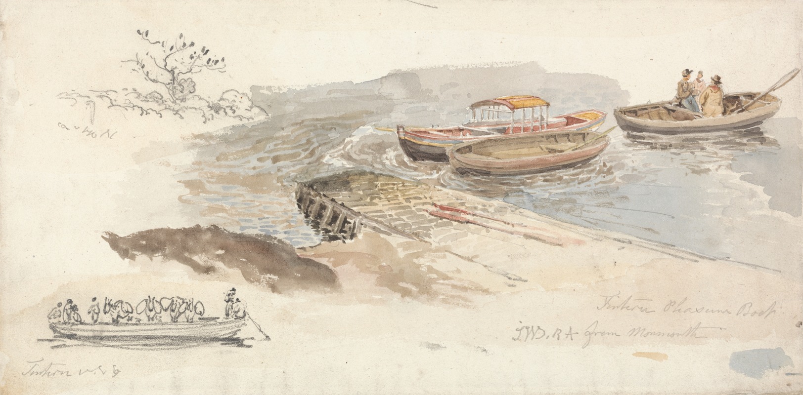 James Ward - A Canopied Boat and Two Rowing Boats at a Jetty; Inset Left, a Pencil Study of the Tintern Livestock Ferry-boat