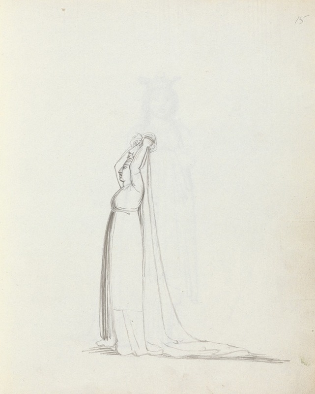 John Flaxman - Mrs. Siddons full length profile standing with arms over her head holding a veil