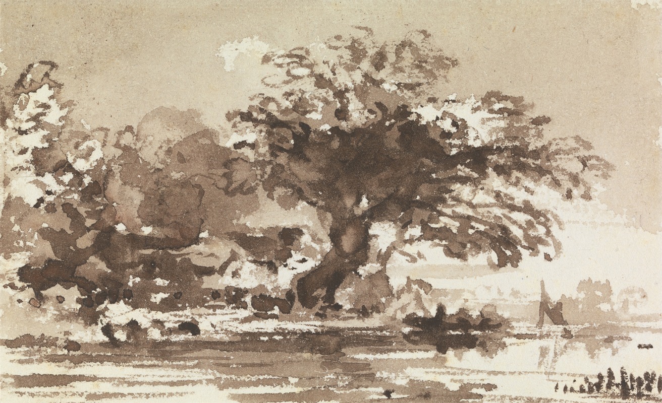 John Varley - Trees and Cottages at the Bend of a River