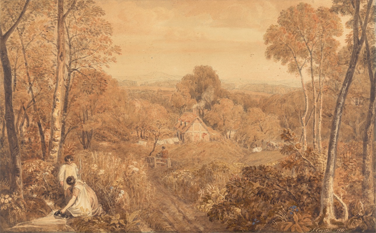 Joshua Cristall - Wooded Landscape with Cottages and Countrywomen, Hurley, Berkshire