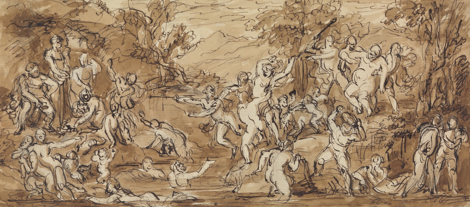 Robert Smirke - Figure Study of a Bacchanalia Celebration in a Wooded Landscape.