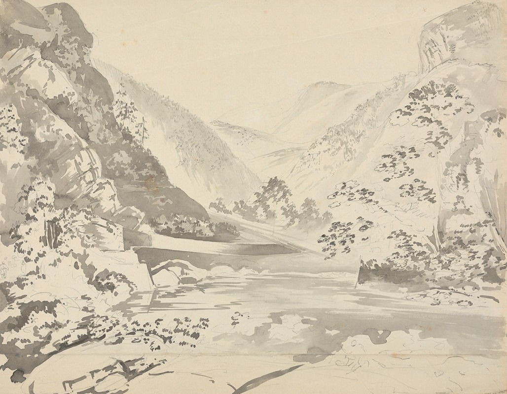 Samuel Davis - A River Scene with Mountains in the Background