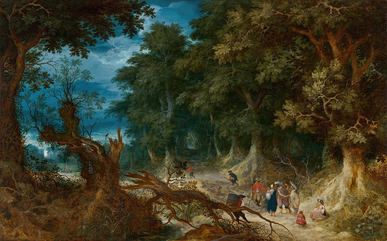 Abraham Govaerts - Wooded Landscape with Hunters and Fortune Teller