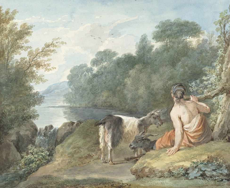 Aert Schouman - Herderin met geiten in een landschap met een meer