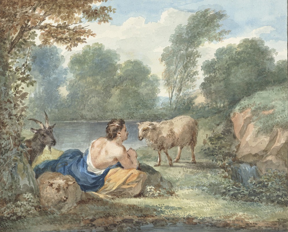 Aert Schouman - Herderin met schapen in een landschap met een meertje