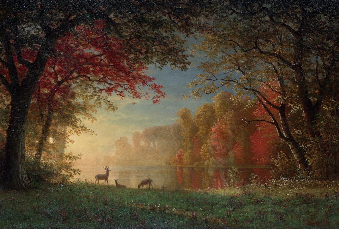 Albert Bierstadt - Indian Sunset, Deer by a Lake