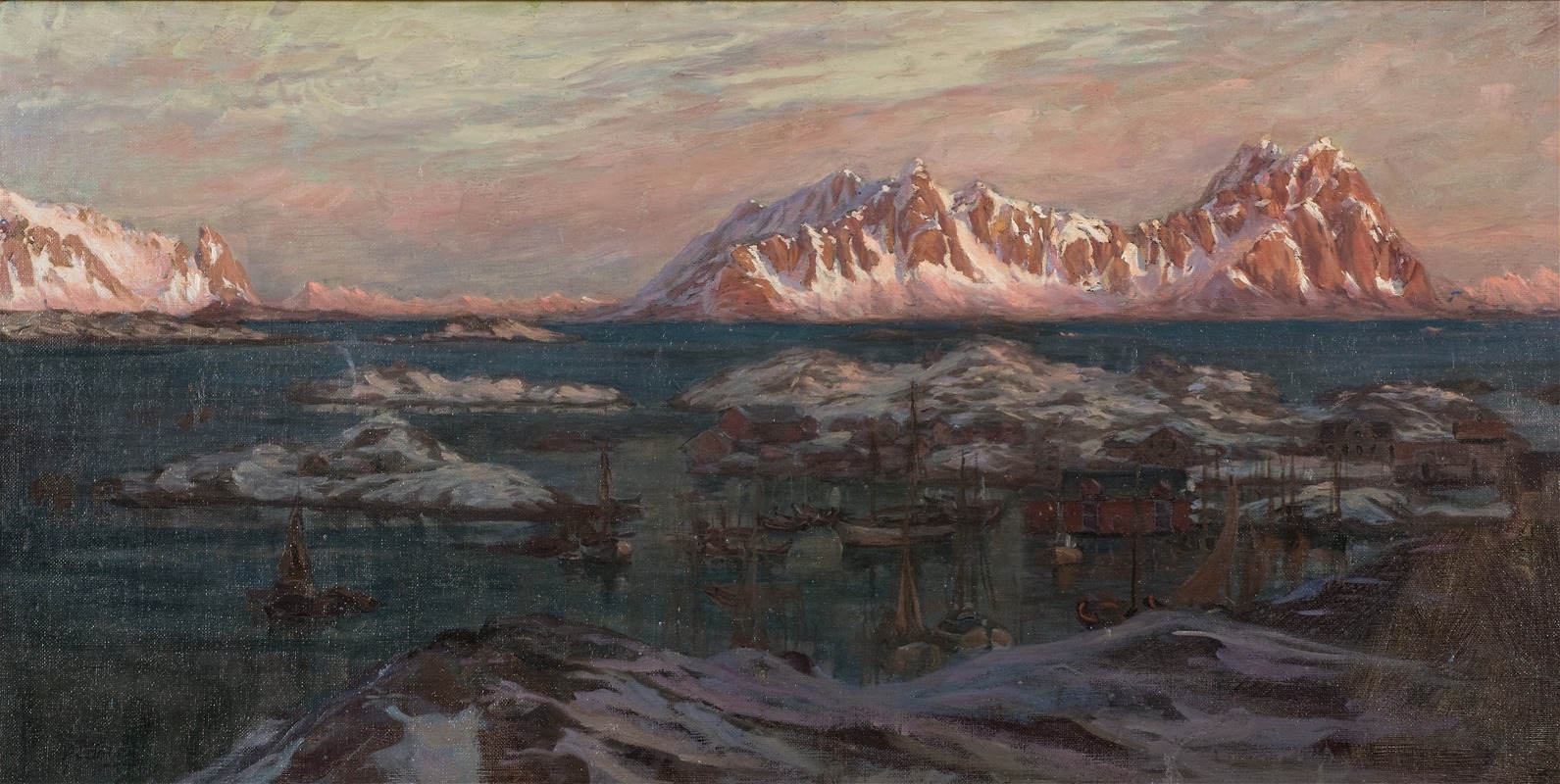 Anna Boberg - Fishing Harbour with Sunlit Mountains. Study from North Norway