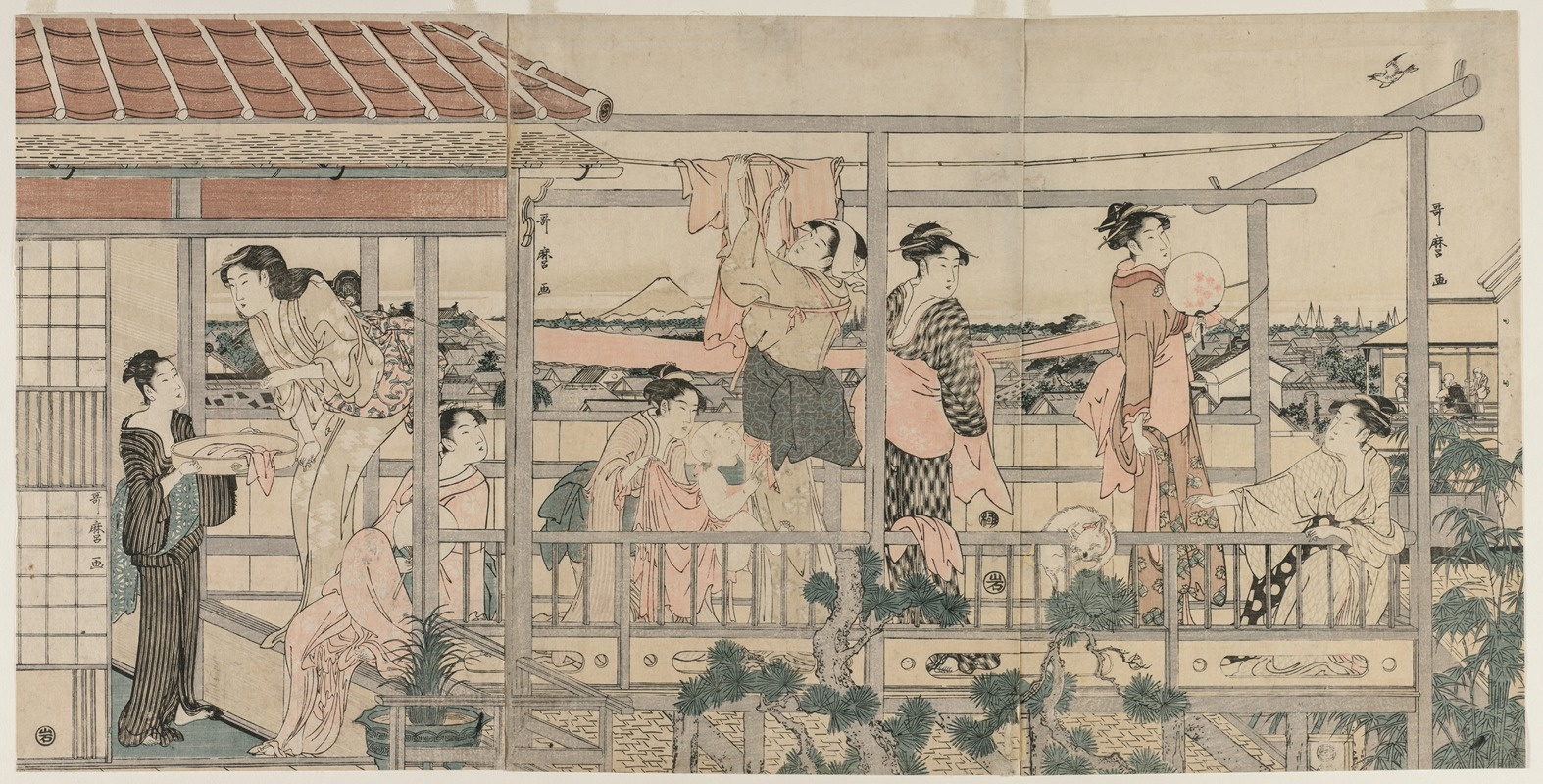 Kitagawa Utamaro - Women Hanging Laundry to Dry on a Balcony