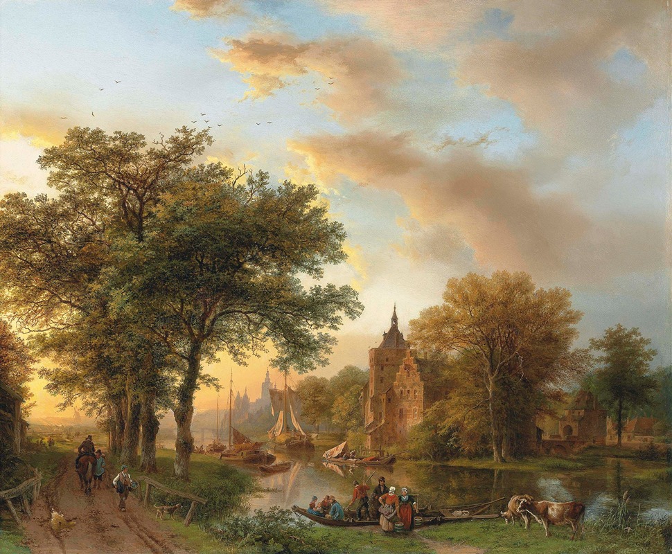 Barend Cornelis Koekkoek - A River Landscape in Holland at Sunset