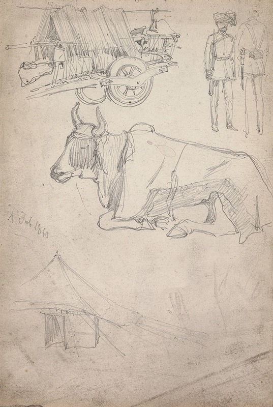 William Simpson - Sketches of a Cart, Soldiers, and an Ox