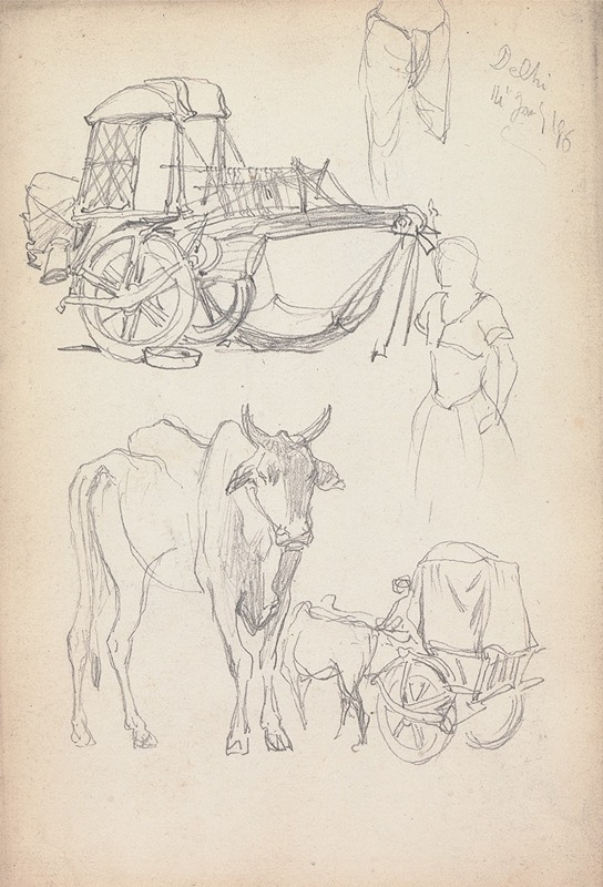 William Simpson - Studies of Bullock Carriages, Delhi, 14 January 1860
