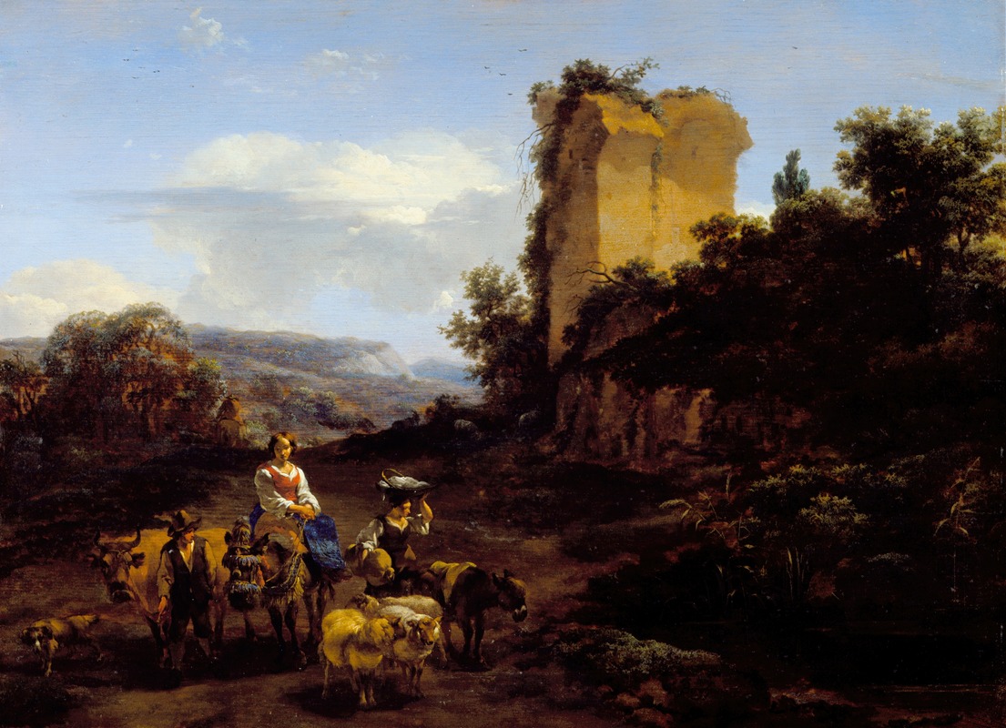 Nicolaes Pietersz. Berchem - Landscape with Ruins and Travelers