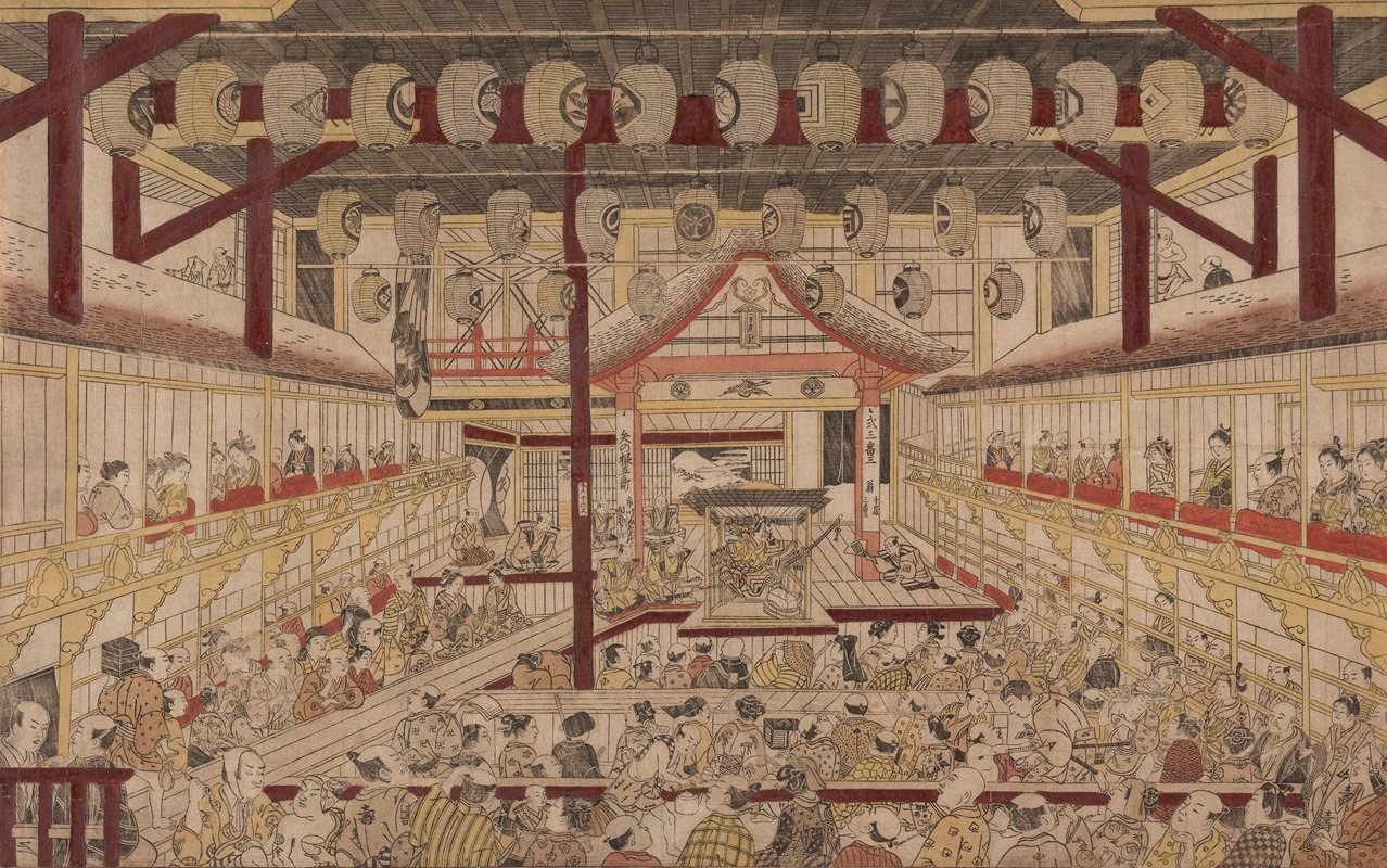 Okumura Masanobu - Perspective View of the Interior of the Nakamura Theater with Ichikawa Ebizo II as Yanone Goro