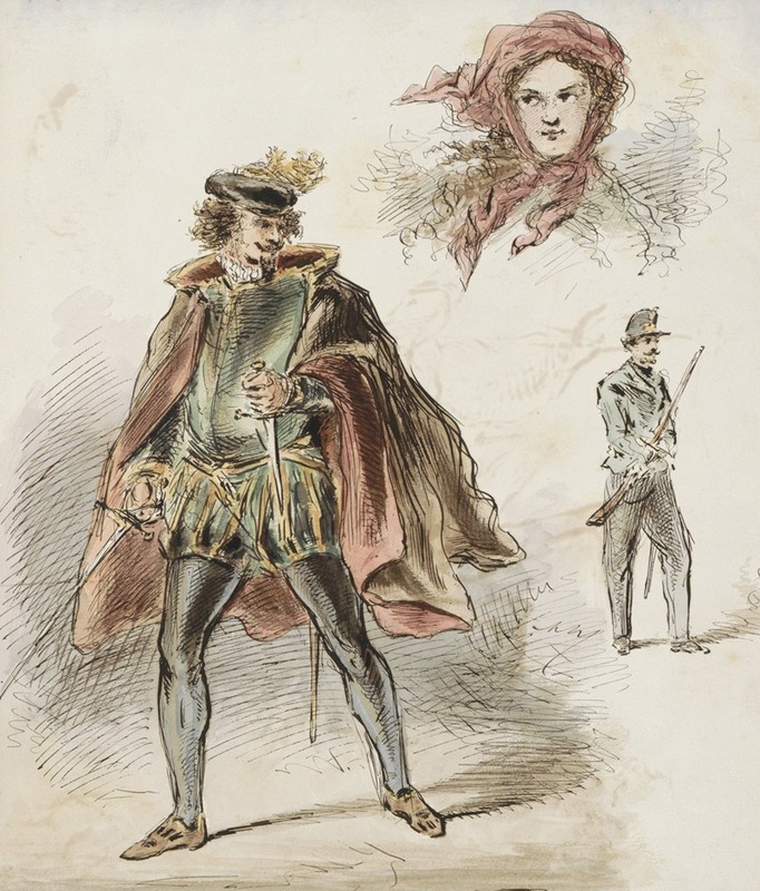 Alexander Ver Huell - Man in historisch kostuum, een vrouw met hoofddoek en een soldaat