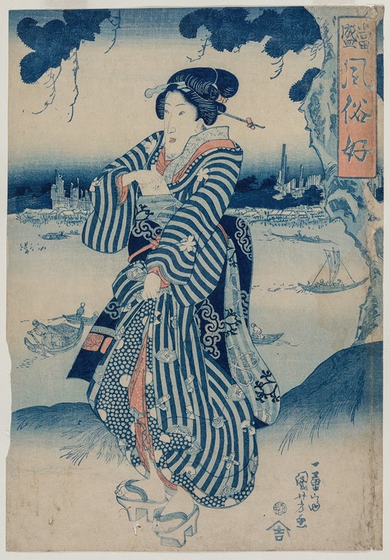Utagawa Kuniyoshi - Geisha Standing on the Bank of the Sumida River (from the series People Who Like the Latest Fashions and Manners)
