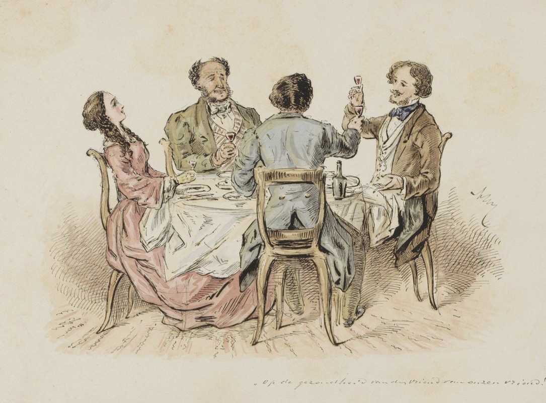 Alexander Ver Huell - Vier figuren die een toost uitbrengen aan een tafel