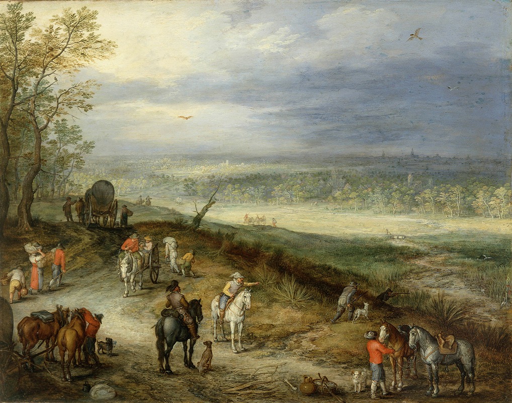 Jan Brueghel The Elder - Extensive Landscape With Travellers on a Country Road