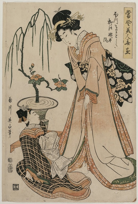 Kikukawa Eizan - A Lady-in-Waiting with Waist as Slender as a Willow from the series Flowers and Modern Beauties