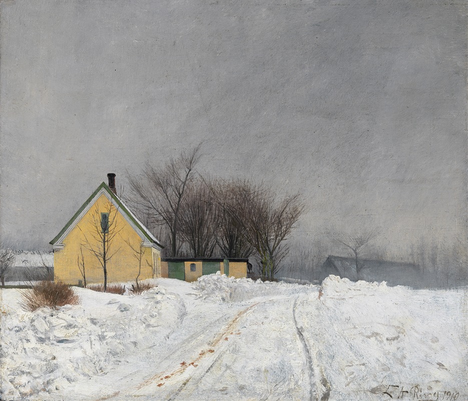 Laurits Andersen Ring - Foggy Winter Day. To the Left a Yellow House. Deep Snow.
