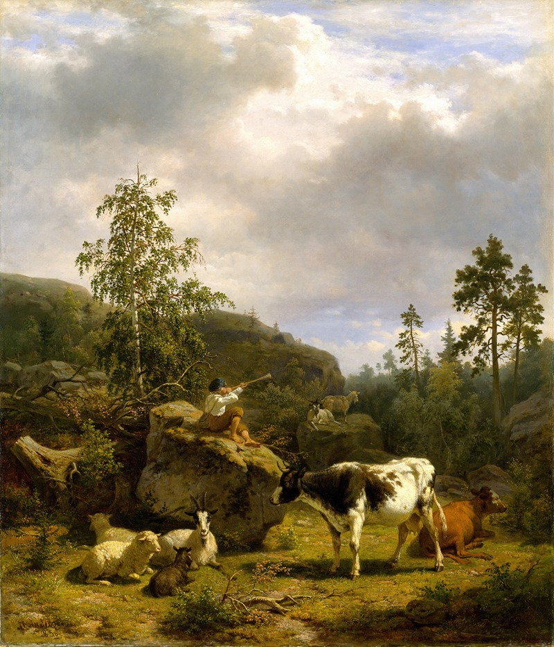 Nils Andresson - Forest Landscape with a Shepherd Boy and Cattle