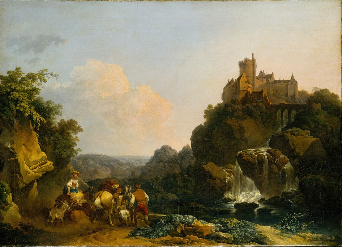 Philip James de Loutherbourg - Landscape with Waterfall, Castle and Peasants