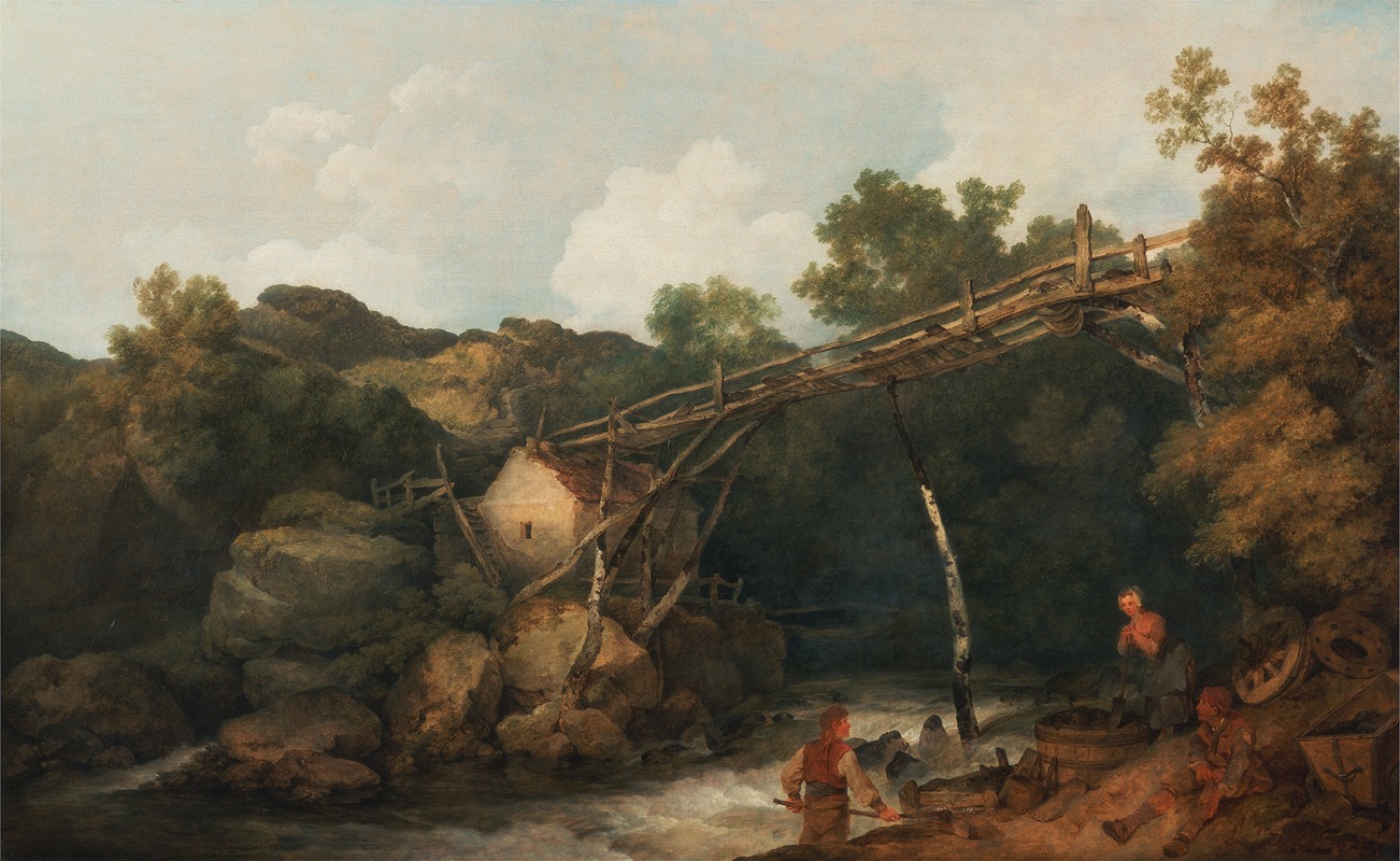 Philip James de Loutherbourg - A View near Matlock, Derbyshire with Figures Working beneath a Wooden Conveyor